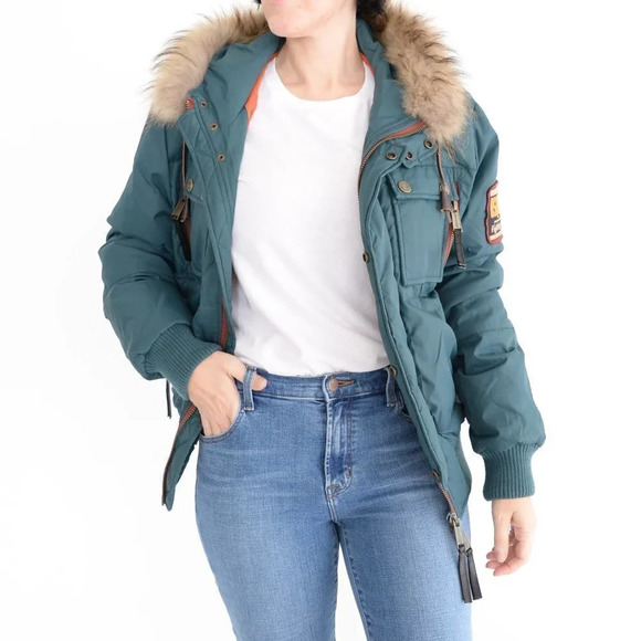 DSquared Deep Teal with Fur Trim Real Down Puffer Ski Snow Coat S - Picture 3 of 16